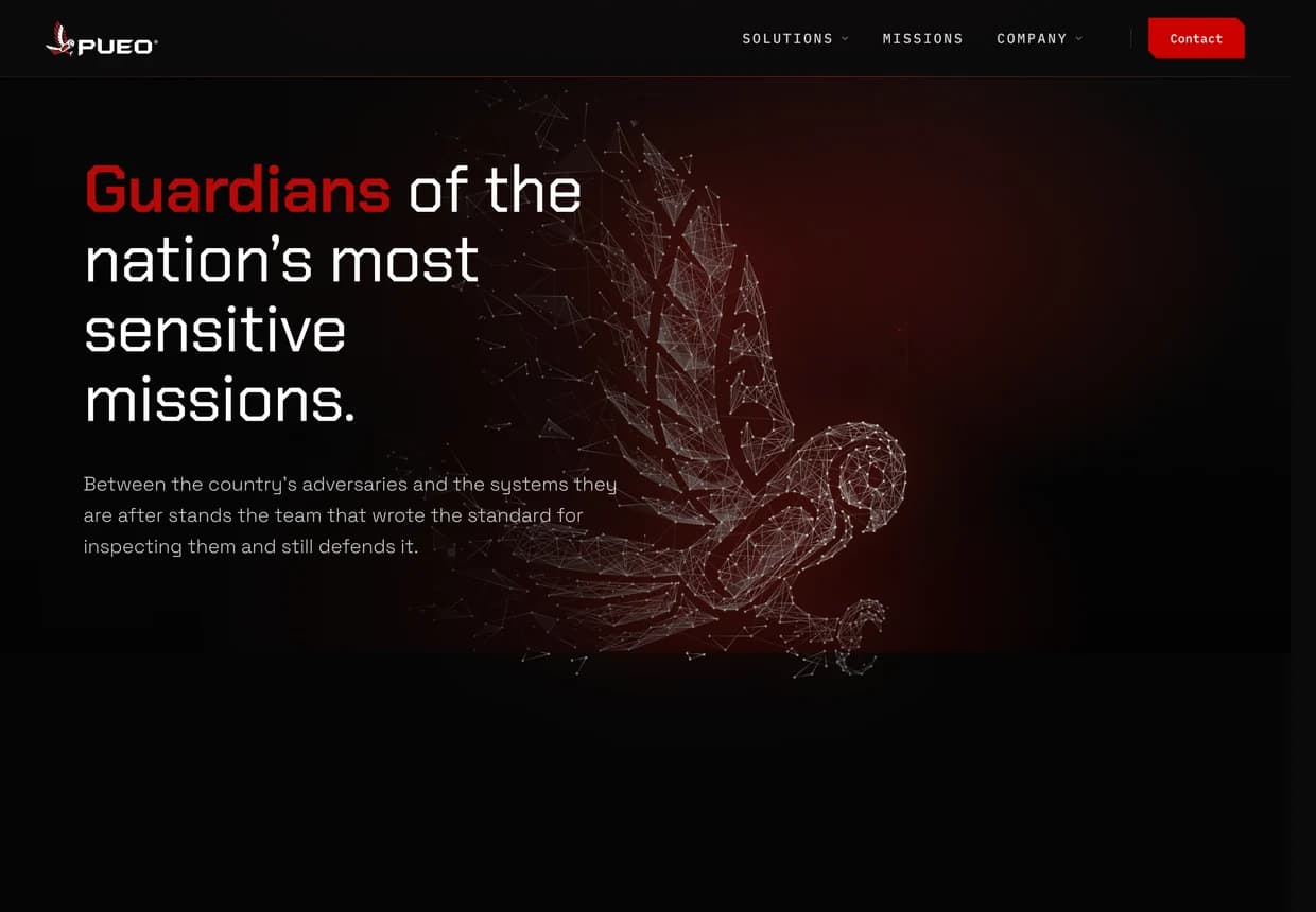 Redesigned Pueo homepage — dark, cinematic, “Guardians of the nation's most sensitive missions.”